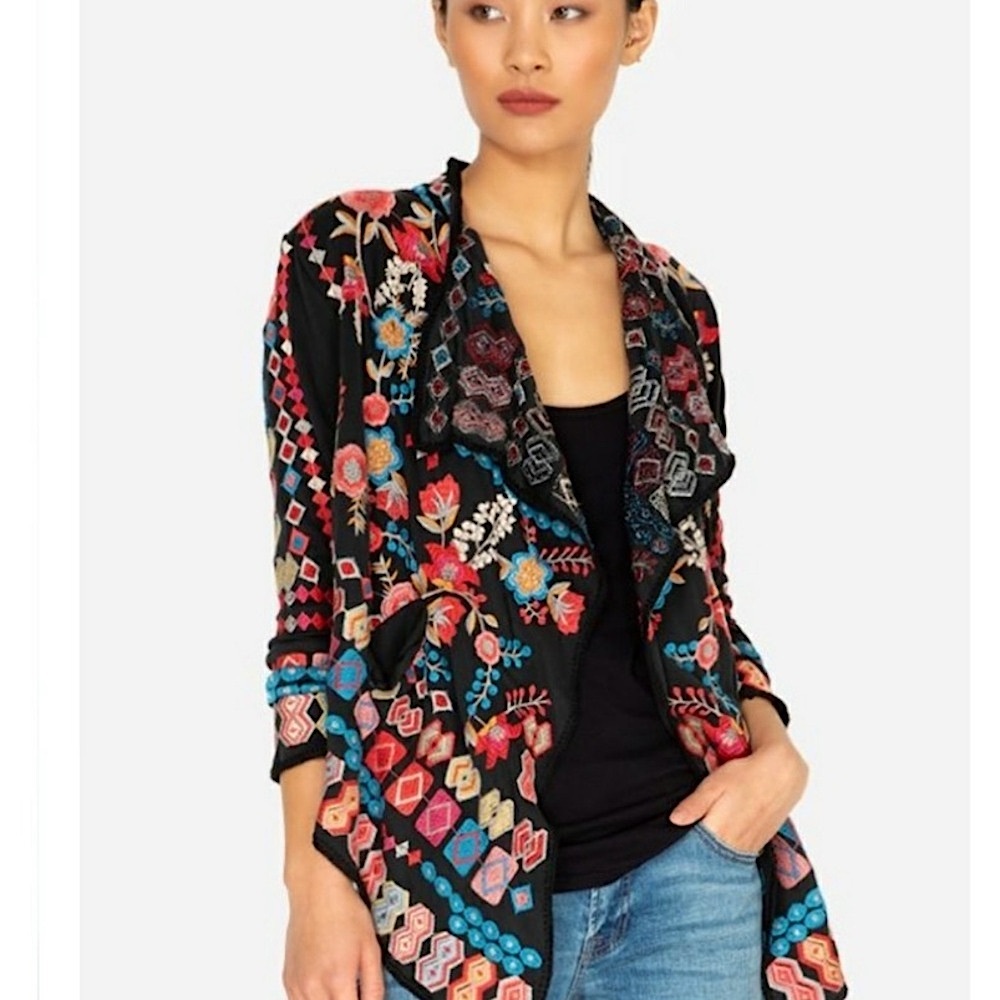 Johnny Was Biya Swalt Short Wrap Floral Embroidered Waterfall Jacket Size L - Picture 10 of 10